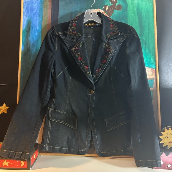 Illegal Jeans Y2K Embroidered Black Denim Jacket Medium - Picture 10 of 12